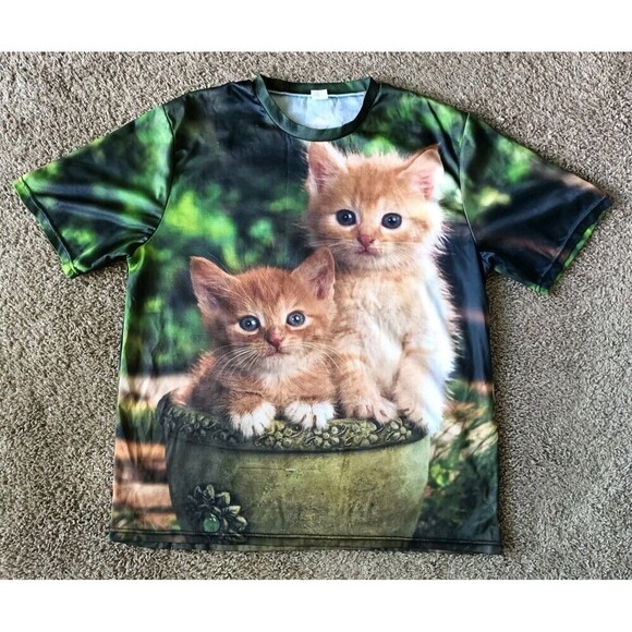 Unbranded Other - Twin Kittens T-Shirt Men's Large Green Short Sleeve